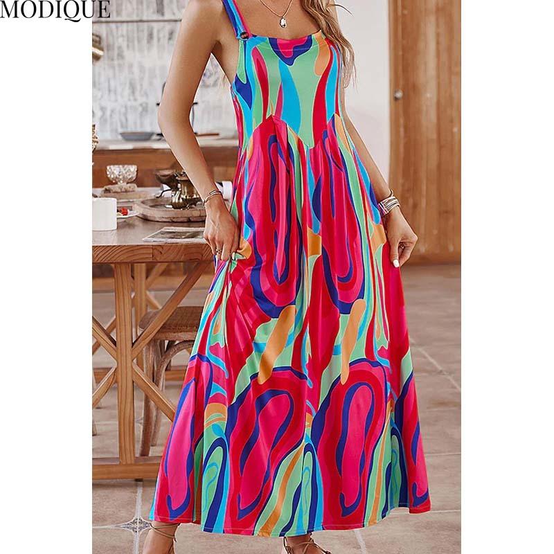 MODIQUE 2025 Summer Plus Size New Women's Sexy Casual Colorful Printing Sleeveless Slip Long Dress Ladies A-Line Folk Hot Dress