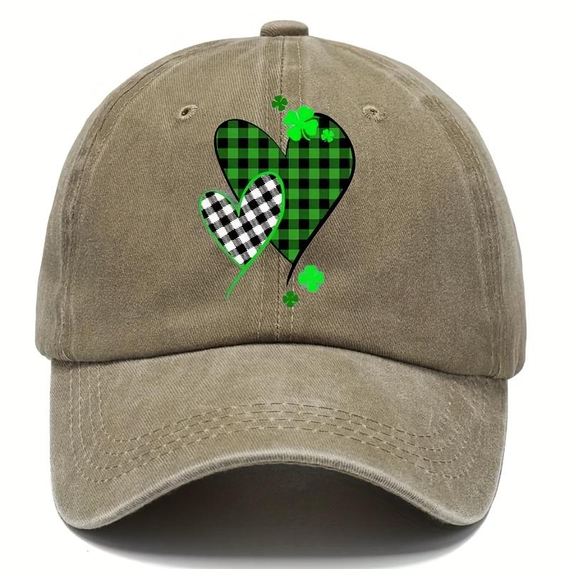 Retro Plaid Heart Clover Print Baseball Cap Unisex Casual Polyester Washed Sunshade Outdoor Adjustable Cap
