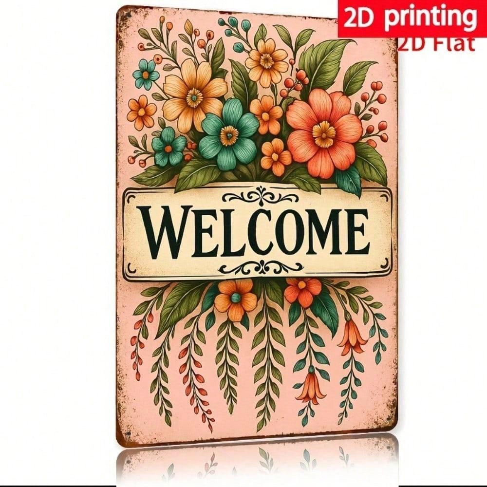 8x12 Inch Floral Welcome Sign Rustic Tin Metal Wall Art Vintage Spring Summer Garden Home Decor