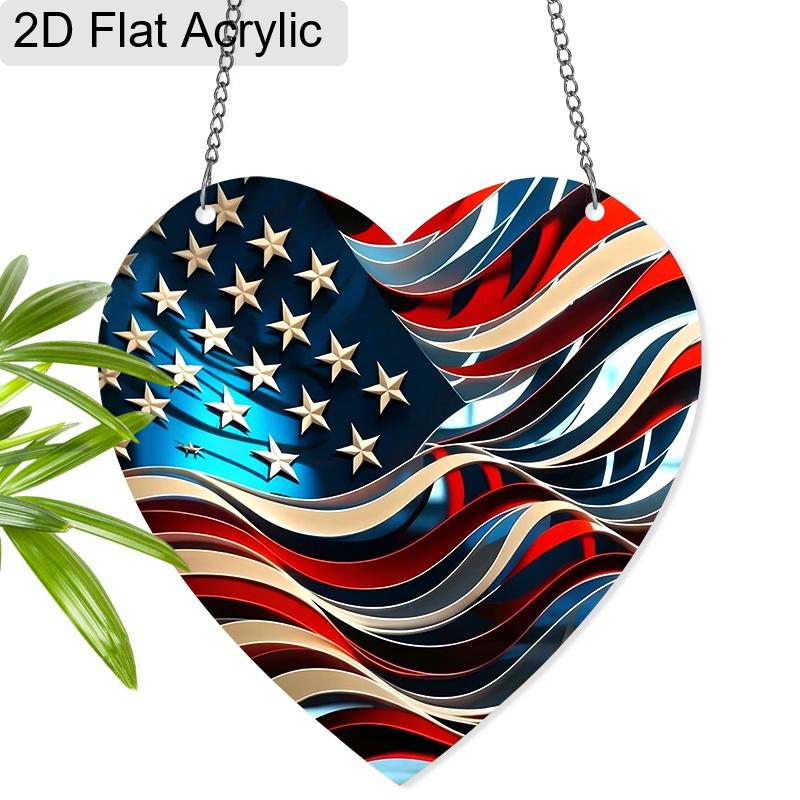 2D Flat Acrylic USA 250th Anniversary Suncatcher, 7.87in Heart American Flag Window Hanging Decor, Independence Day Memorial Day Gift