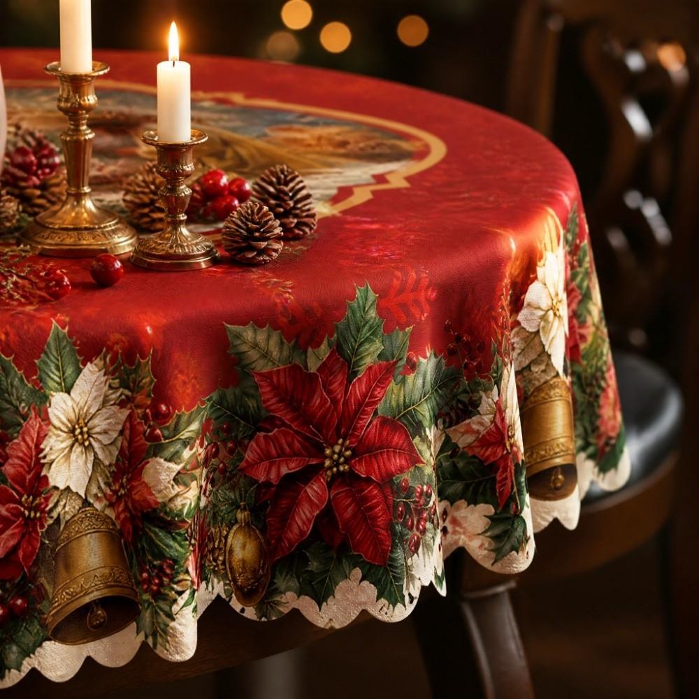 Waterproof 2D Flat Tablecloth Red Green Contrast Color Stain-resistant Christmas Round Tablecloth Non-slip Candy Stripe