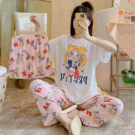 Summer Sweet Korean Style Pink Milk Silk Ribbed Camisole Pajamas for Women