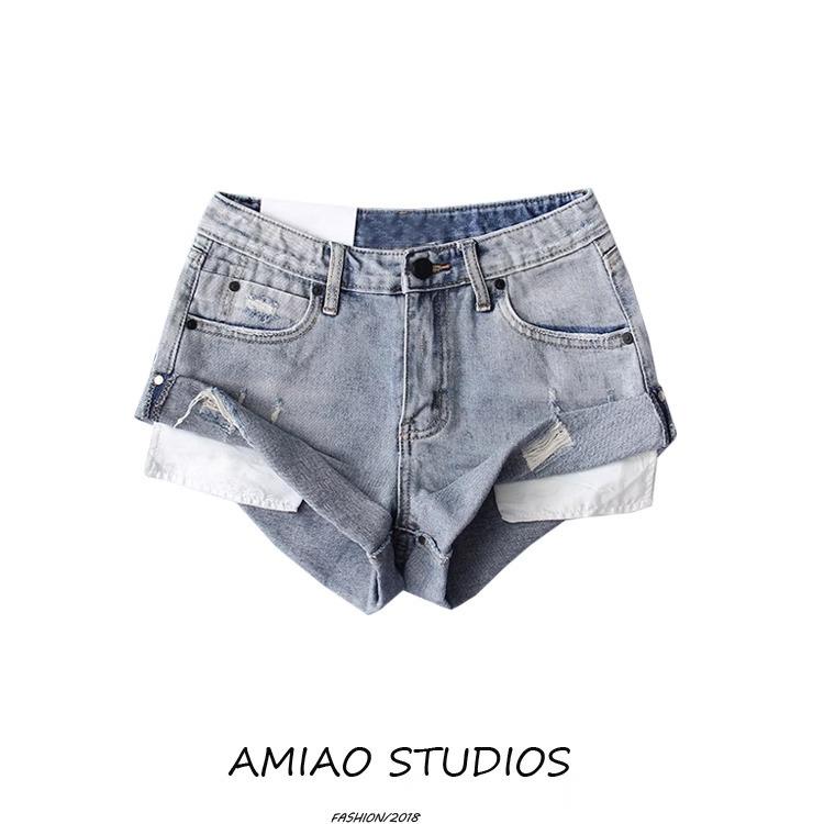 Summer Women s Retro Distressed Rolled Hem Mid-High Waist Denim Shorts L
