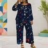 Women Plus Size Dark Navy Printed Two Piece Set Round Neck Long Sleeve Top Wide Leg Cropped Pants