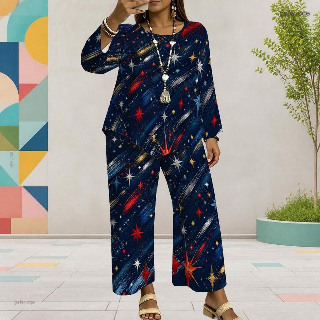 Women Plus Size Dark Navy Printed Two Piece Set Round Neck Long Sleeve Top Wide Leg Cropped Pants