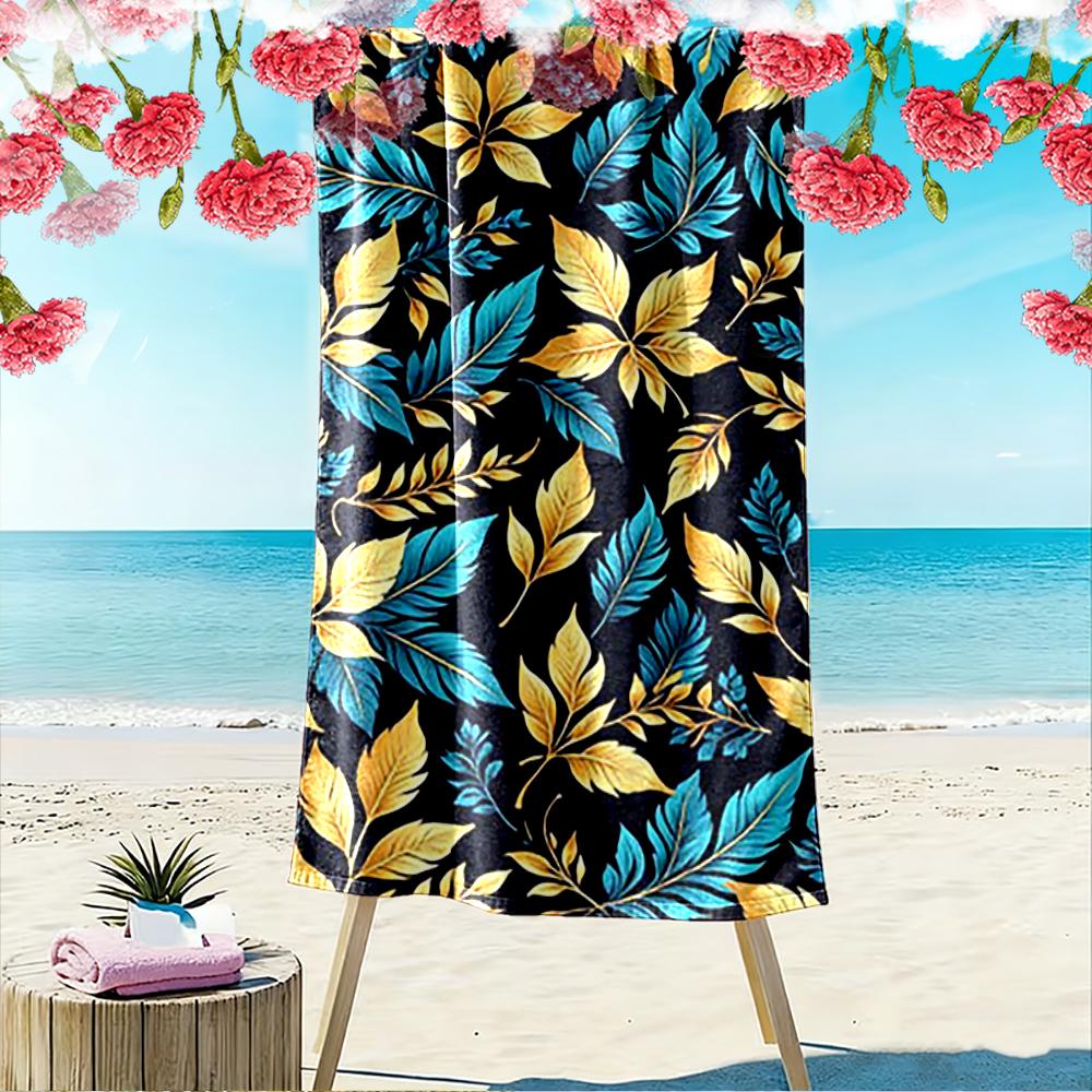 Golden and Blue Leaf Pattern Towel Beach towel quick-drying for travel outdoor sports jogging beach and swimming