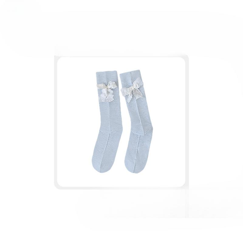 Female Spring and Summer New Style Bow Vertical Stripe All Build Student In Tube Cotton Socks