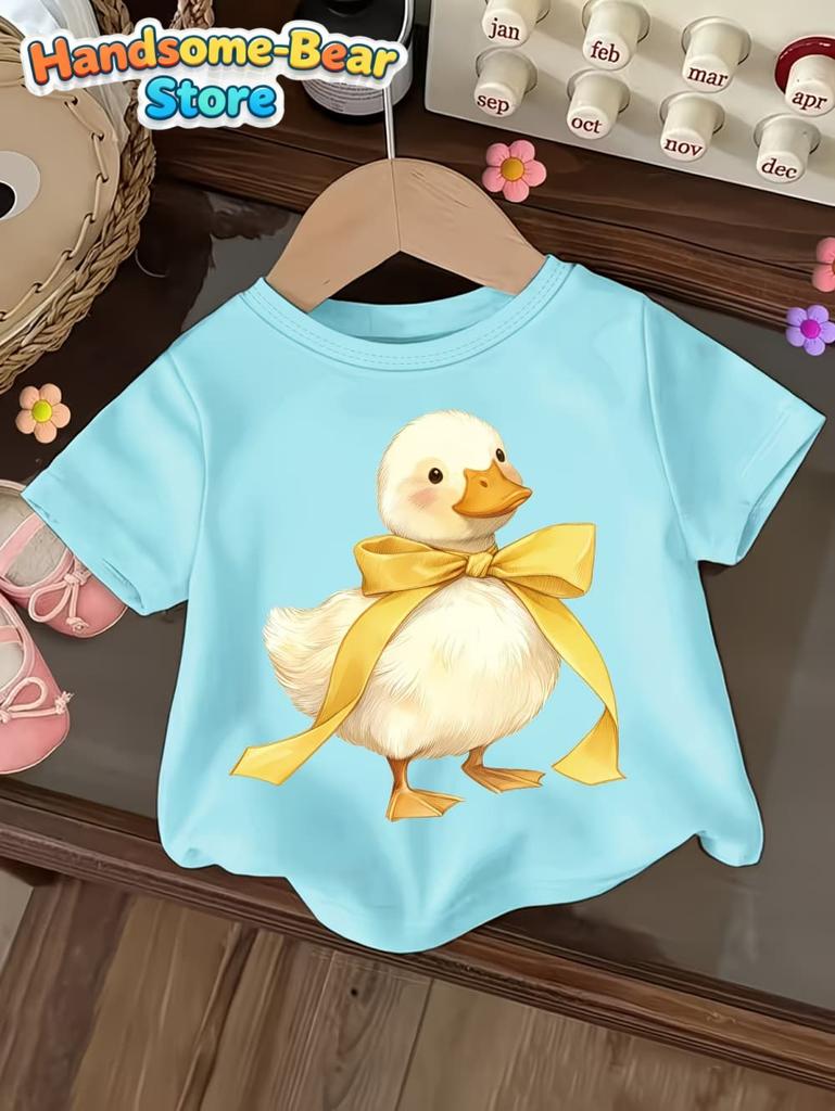 Cute Bow Duck Print Short-Sleeved T-Shirt for Girls Soft Round Neck Top Fashion Loose Summer Gift for Girls Casual Girl Clothes