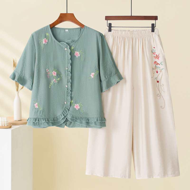 

Mom s Chinese-Style Summer Set: Short Sleeve Embroidered Top for Middle-Aged & Elderly Women 4XL [140-155 lbs]
