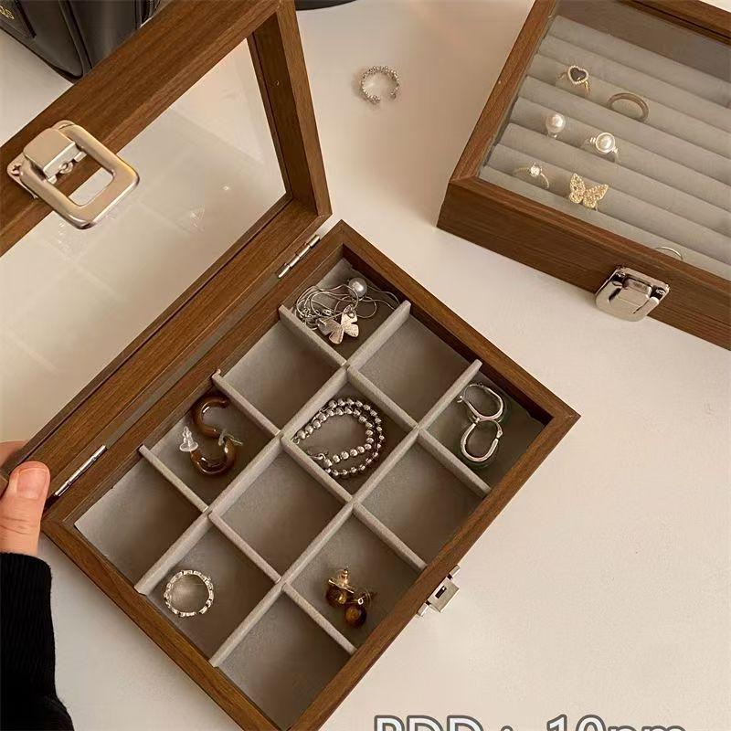 Premium Single-Layer Transparent Jewelry Storage Box - Walnut Color, Large Capacity for Rings, Earrings, and Necklaces, Dustproof Display Tray