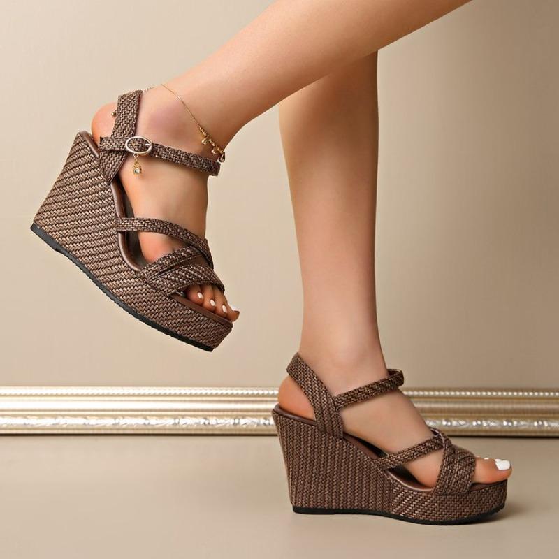 Sandali Romani Estivi da Donna con Zeppa e Plateau a Incrocio, Calzature alla Moda con Suola Spessa, Disponibili in Taglie Grandi.
