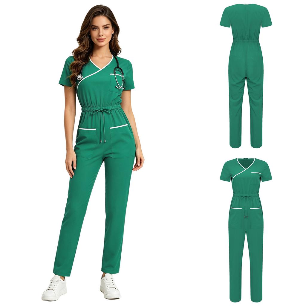 Damen Medizinischer Einteiler Jumpsuit Kurzarm Kordelzug Taille Elastischer Rücken Reißverschluss Taschen Arbeitskleidung