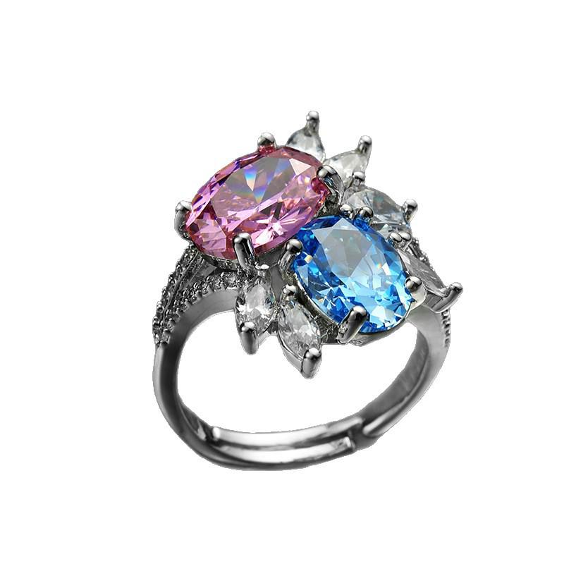 Elegant Crystal Adjustable Ring with Colored Gems: Fashionable High-End Jewelry
