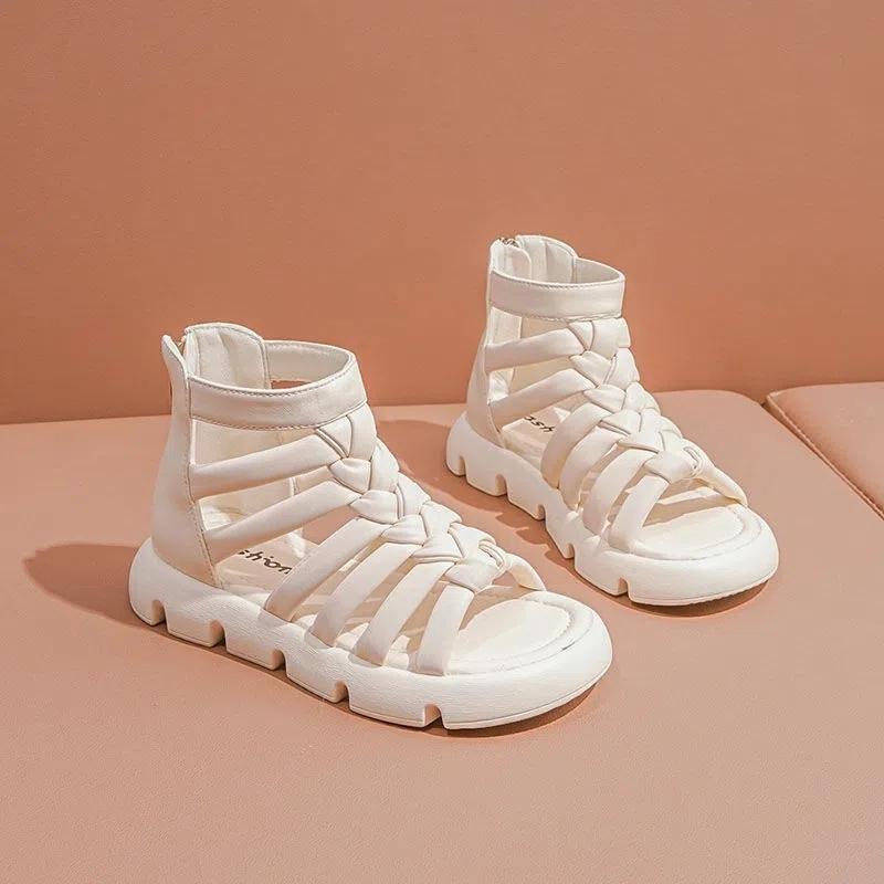 

2024 Summer New Korean Style Kids Fashion Sandals Children s Fashion Weave Back Zipper Girls Roman Shoes Classic Open-toe Casual 26 бежевый