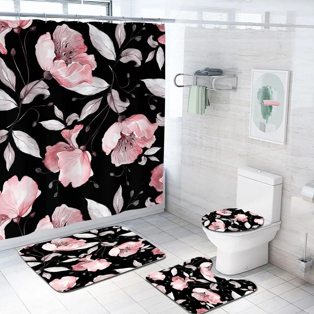 Elegant Blue Floral Shower Curtain Set Bathtub Curtains Non-Slip Carpet Bath Mat Toilet Cover Bathroom Set Decoration Without
