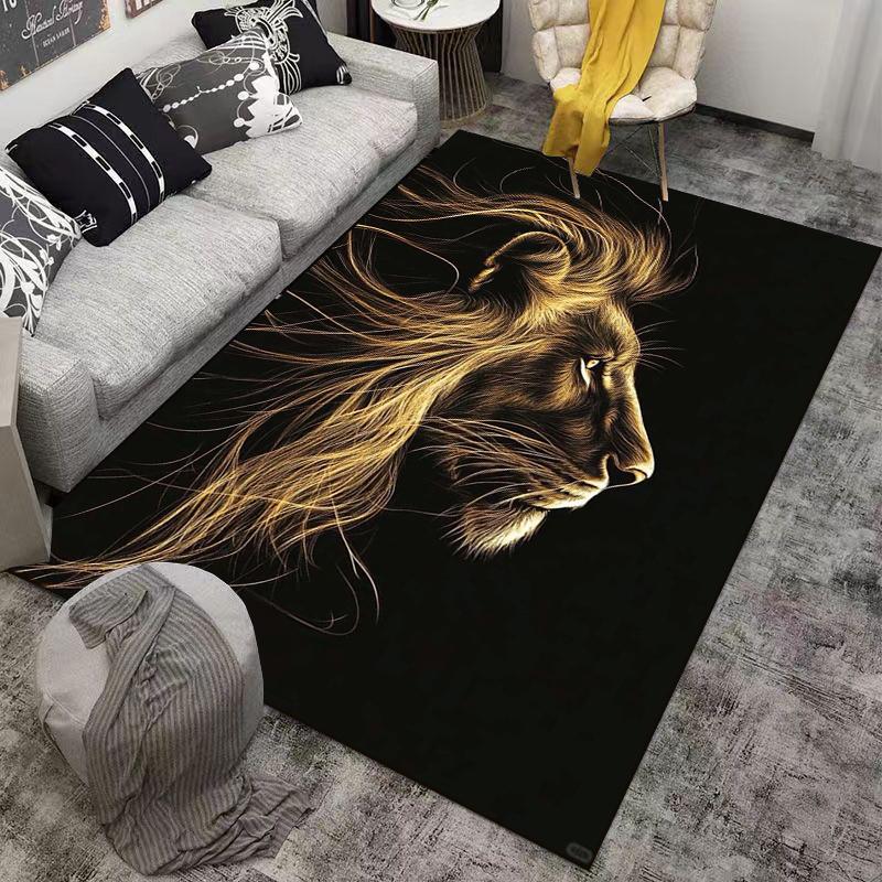 Lion Profile Glow Design Carpet, Black Background Modern Rug. Suitable for use as an anti-slip for living room bedroom sofas