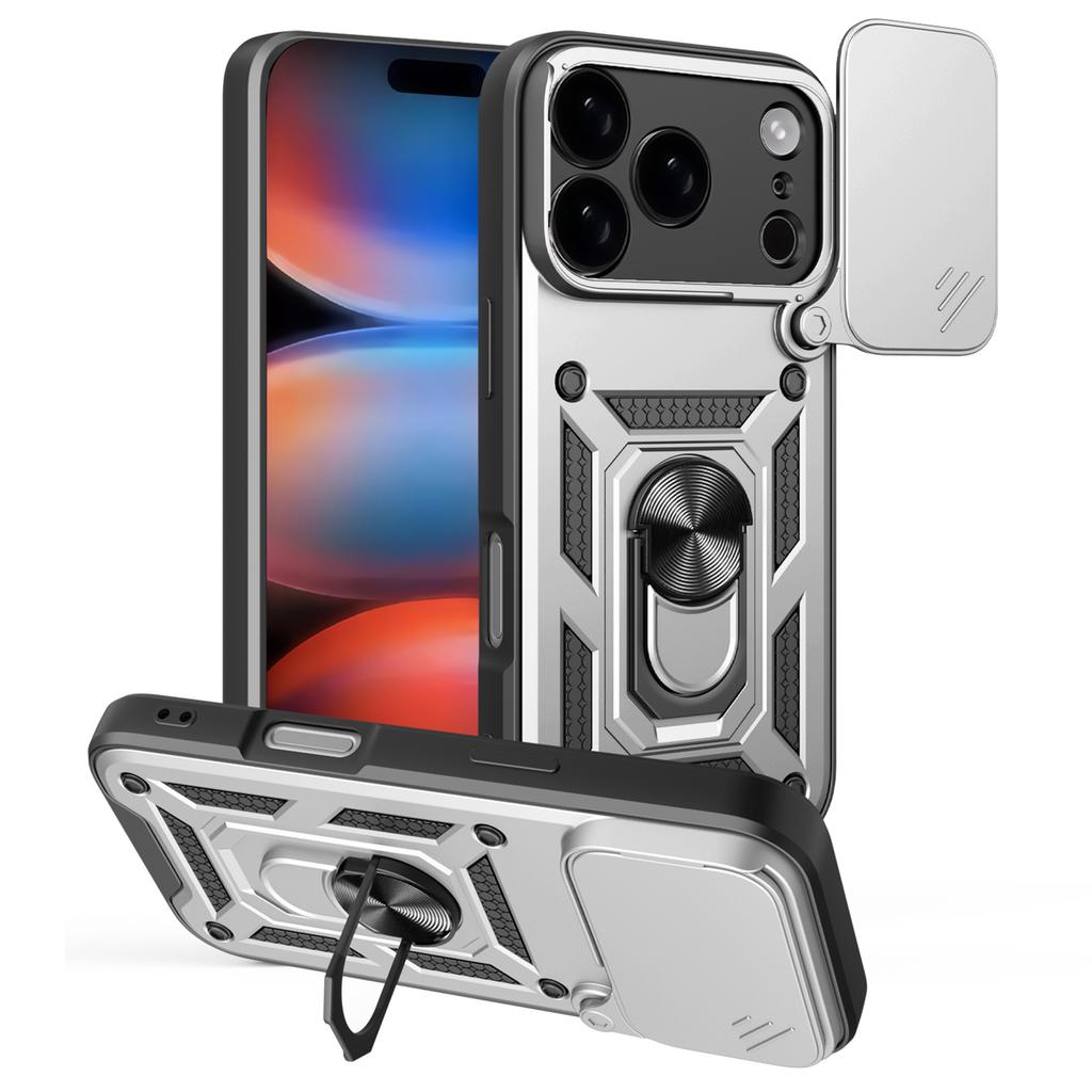 For iPhone 17 Pro Case with Slide Camera Lid PC+TPU Kickstand Phone Cover