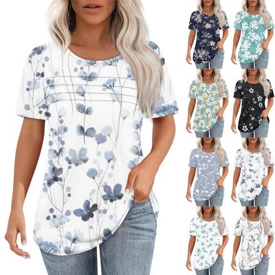 T Shirts For Women Pleated Round Neck Dressy Casual Blouses Printing Short Sleeve Summer Tops Loose Fit