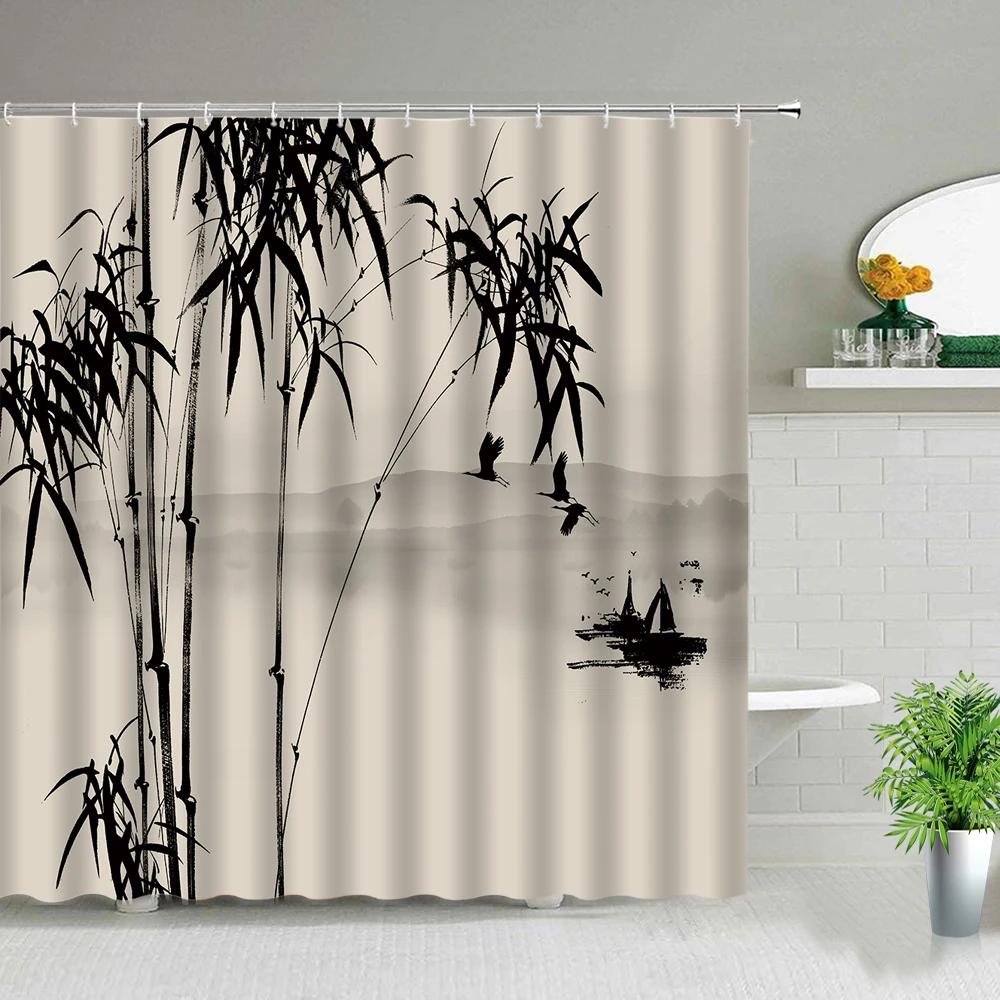Bamboo Ink Painting Bathroom Shower Curtains Polyester Fabric Bath Screens Bathtub Decor Waterproof Hanging Curtain With Hooks
