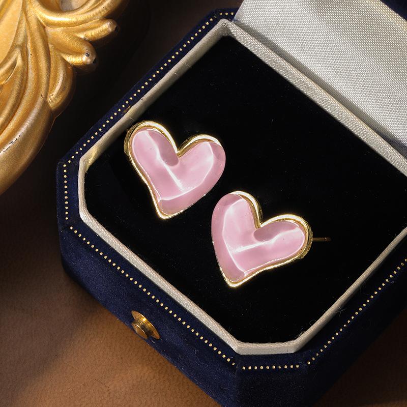 Earrings for Women Silver Needle Fresh Pink Resin Heart Earrings Niche Simple Stud Fashion Commuter Earrings for Women