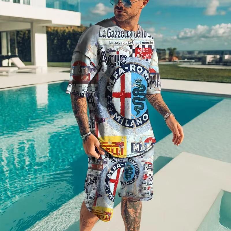 Fashionable Men's Sportswear Summer Beach Short Sleeved 3D Printed Shirt Set Street Wear T-shirt Shorts Men's Loose, Soft, Comfo