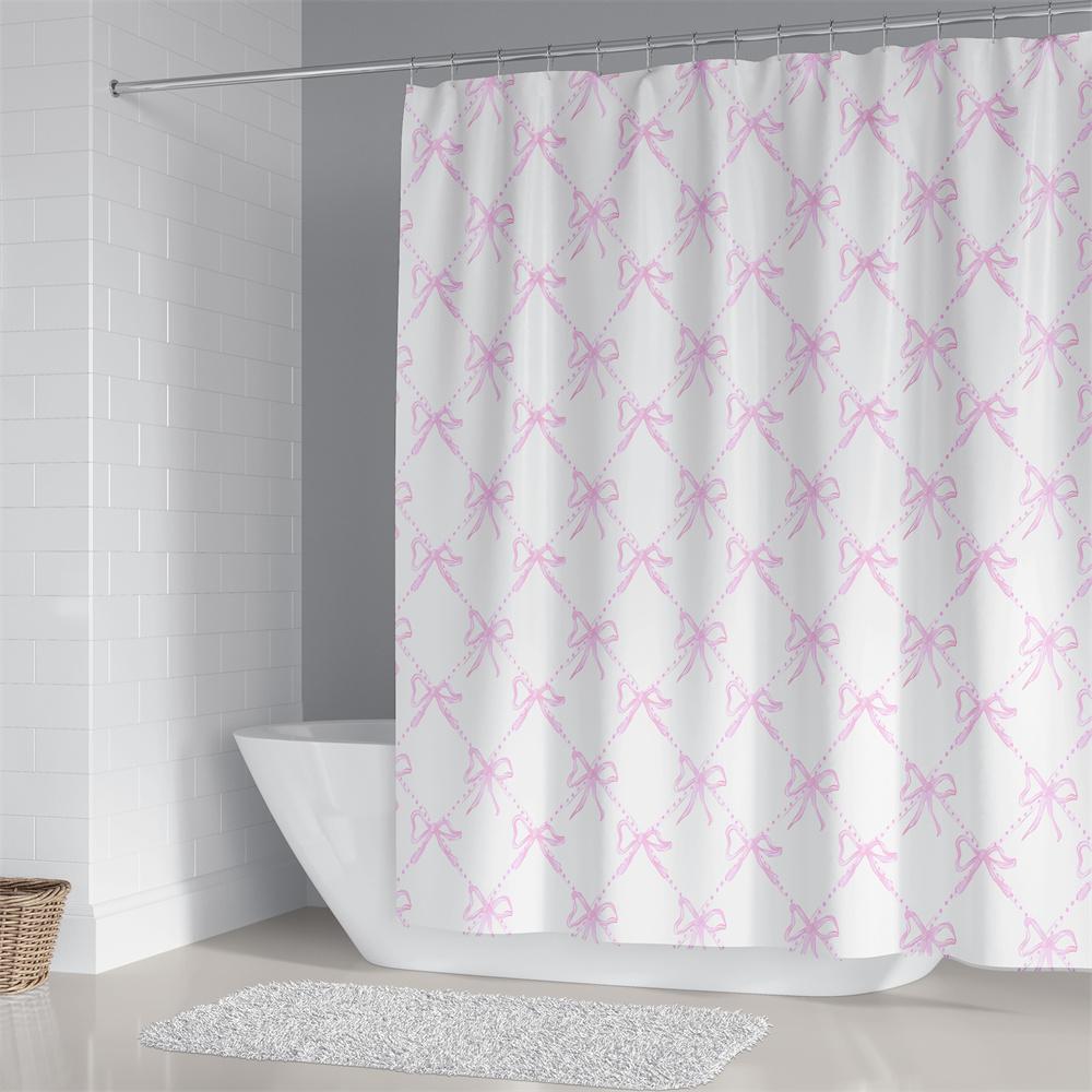 Pink Bow Girls Shower Curtain Polyester Waterproof Fashion Bathroom Floor Mat Toilet Set Bath Accessories Mildew Proof