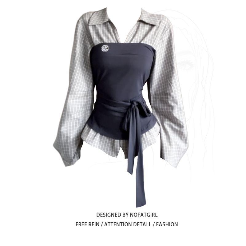 

Plus-Size Korean-Style Faux Two-Piece Plaid Shirt for Women, Spring 2026, Waist-Cinching Slimming Design, Long-Sleeve Top Top M