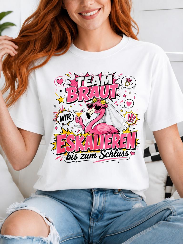 Team Braut Comic Flamingo Bold Pink Gerunisex Lettering With Bride Cocktail Hearts And Pop Art Party Unisex All Tshirt
