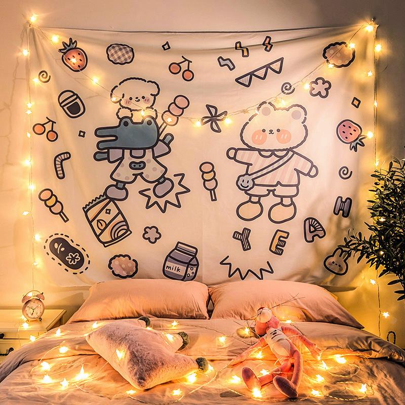 Kawaii Kreslený Bílý Pes Tapiserie Závěsná na Zeď Teplá Krémová Srdce Povzbuzení Roztomilé Estetické Nástěnné Umění Dekorace Ložnice Koleje