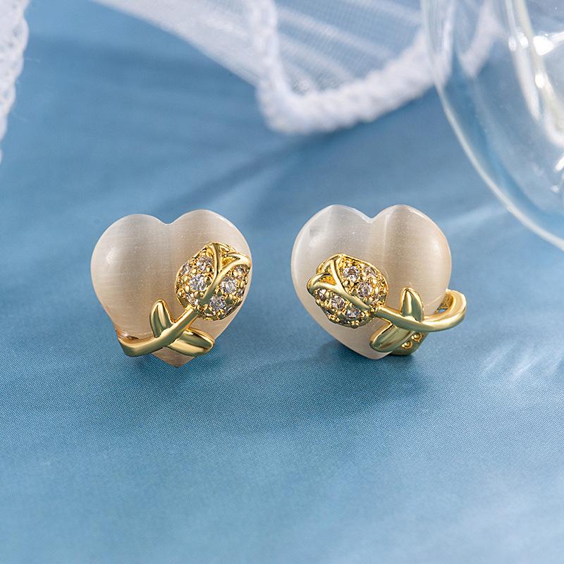 Women Elegant Rose Crystal Love Heart Ear Stud Earrings