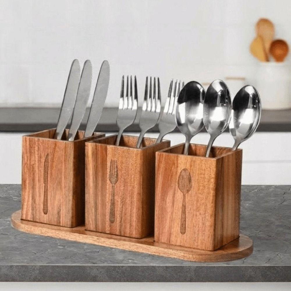 Space Saving 3 Compartment Cutlery Holder Wooden Flatware Organizer  Farmhouse