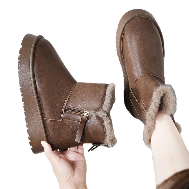 Women's Fur One Thick Bottom a Footstool Leather Waterproof Winter Lightweight Warm Snow Boots Non-slip Wear Casual Sneakers Cotton Boots