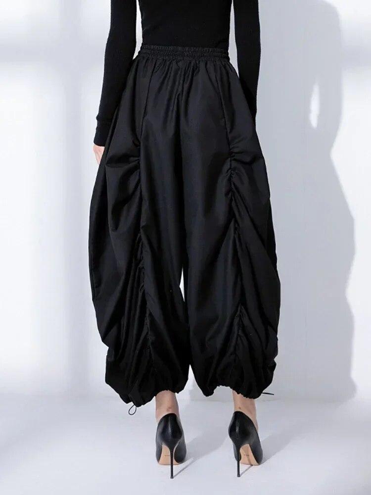 Xitao Folds Wide Leg Pants Black Personality Nepravidelné dámské kalhoty DMJ3090