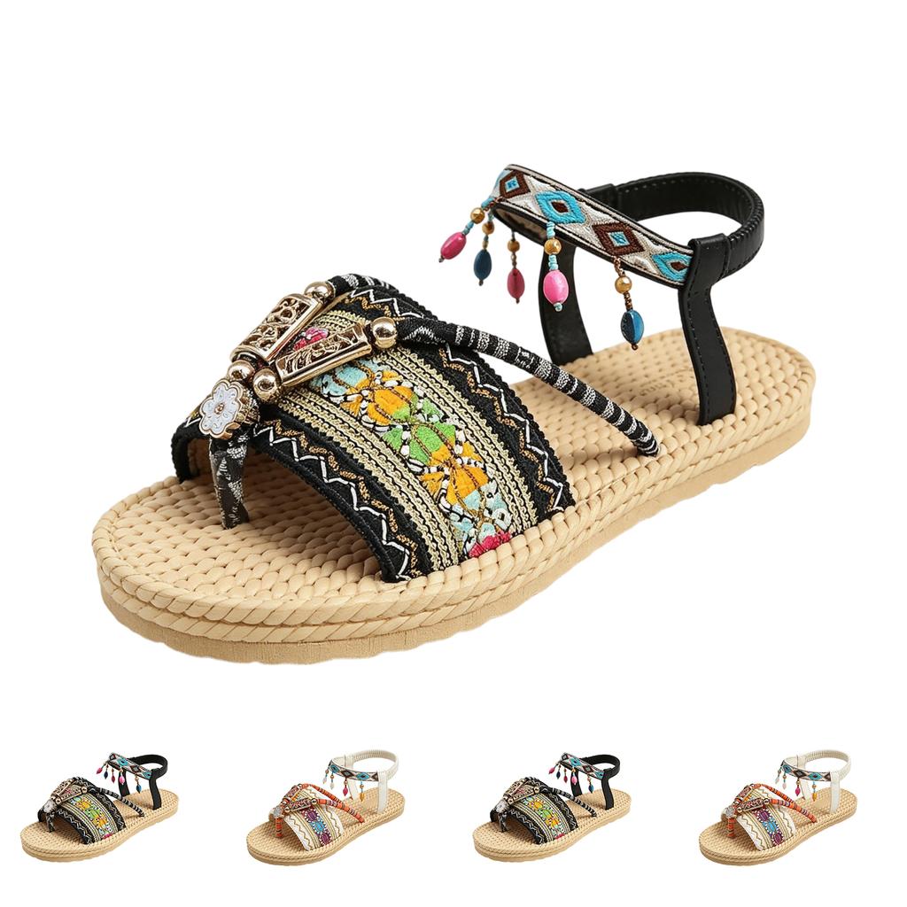 Women Ethnic Style Beaded Toe Loop Sandals Woven Straw Sole Flat Beach Shoes with Decorative Ankle Strap and Embellishments
