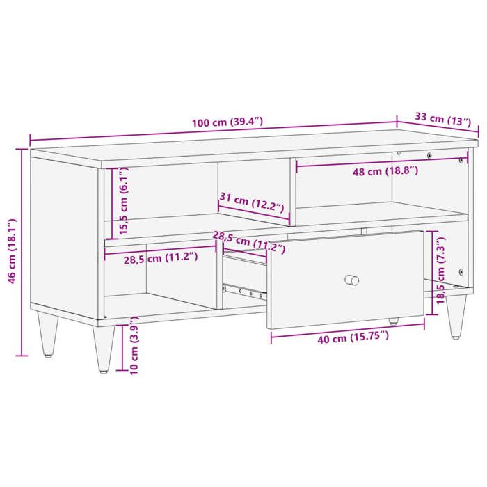 VidaXL TV Cabinet 100x33x46 Cm Solid Mango Wood, TV Stand, Media Cabinet, Hi-fi Cabinet, TV Unit, Multimedia Cabinet, 358300