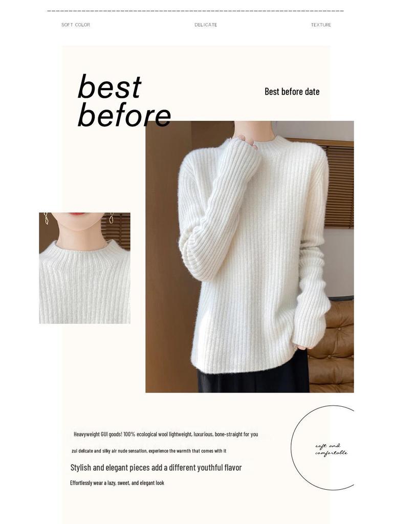 Damen Rollkragen 100% Wolle Verdickter Pullover - Modischer Strickpullover für Herbst und Winter