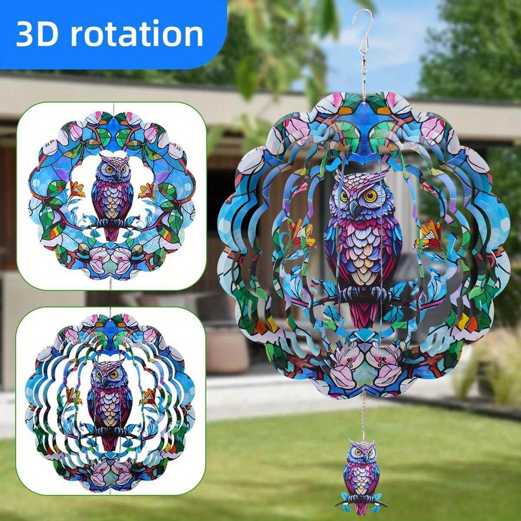 Wind Spinners Outdoor, Owl Metal 3D Hanging Garden Decor, 12-inch Stainless Steel Wind Spinner with Tail Spinner