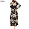 ZANZEA Women Casual Round Neck Floral Print Loose Long Sleeve Dress