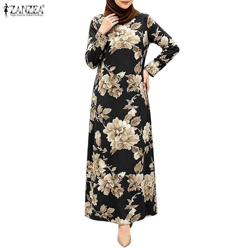 ZANZEA Women Casual Round Neck Floral Print Loose Long Sleeve Dress