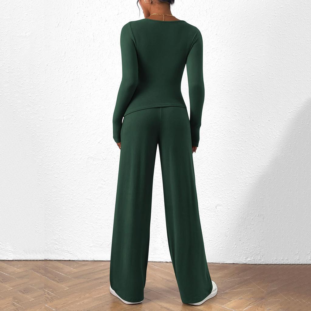 Women's Fashion Color Long Sleeve Casual Wide Leg Pants Two Piece Set
