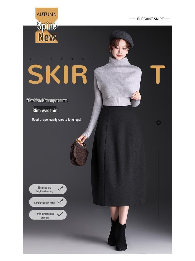 Elegant Korean Style Woolen Skirt: 2026 Winter Fashion, Elastic Waist, Slimming Bud, Mid-Length Design for Women