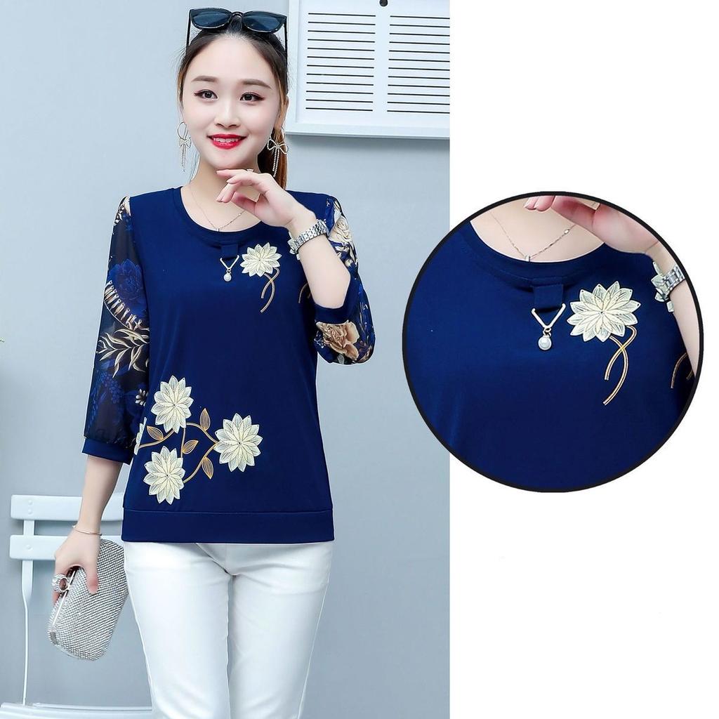 Letní nový krátký top s tříčtvrtečním rukávem Dámské tričko Volný kulatý výstřih Potisk Oblečení pro maminky M-5XL