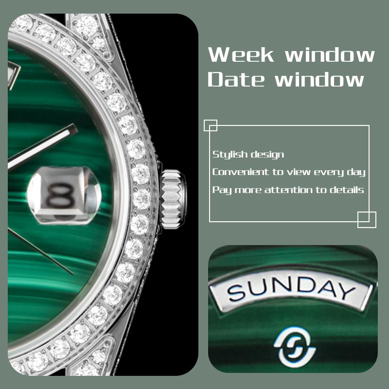 START-Malachite Men's Watch Diamond Watch Date Function Automatic Mechanical Watch Butterfly Buckle Alligator Leather Strap