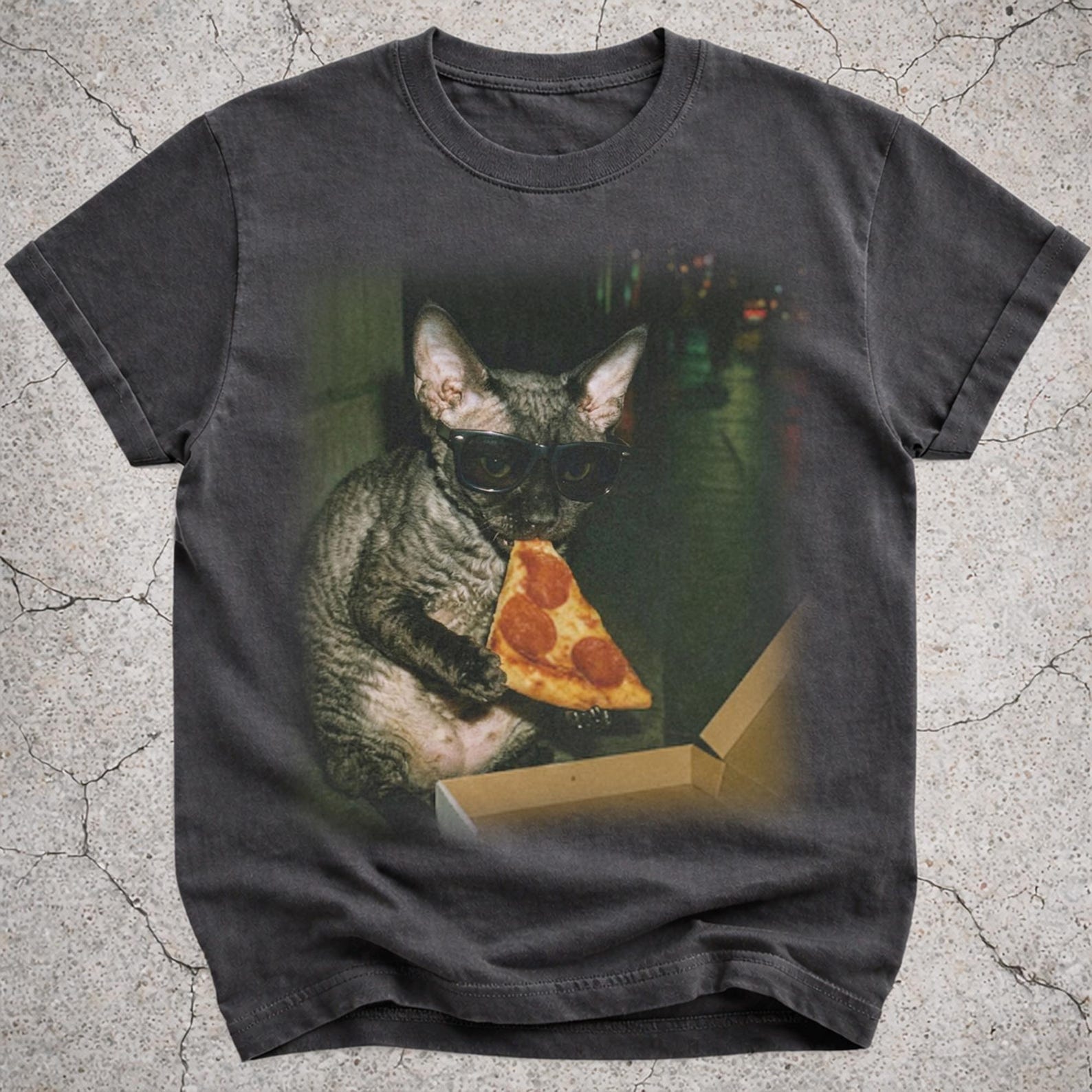 Funny Devon Rex Cat Eating Pizza Shirt, Pizza Cat Meme Tee, Vintage Photo T-Shirt, Pizza Lover Gift, Cat Owner Shirt S