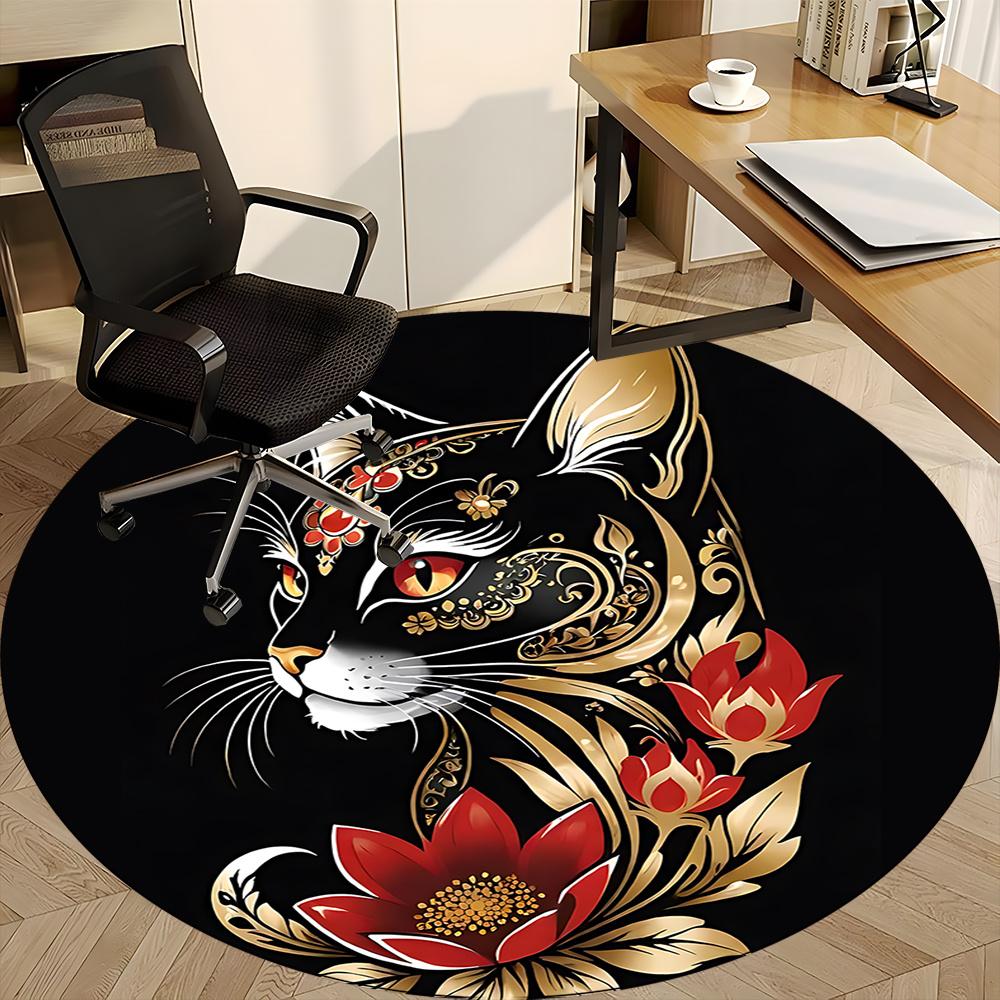 1pc Cat Flowers Office Round Area Rug, Indoor Mat Suitable ForOffice, Under Office Chairs Bedroom Living Room Home Decor, Room Deco 011