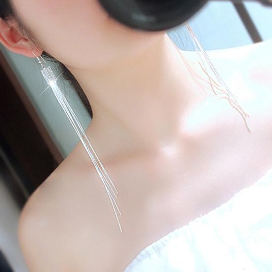 1 Pair Women Square Rhinestone Drop Earrings Long Tassels Chain Dangle Hook Earrings Jewelry