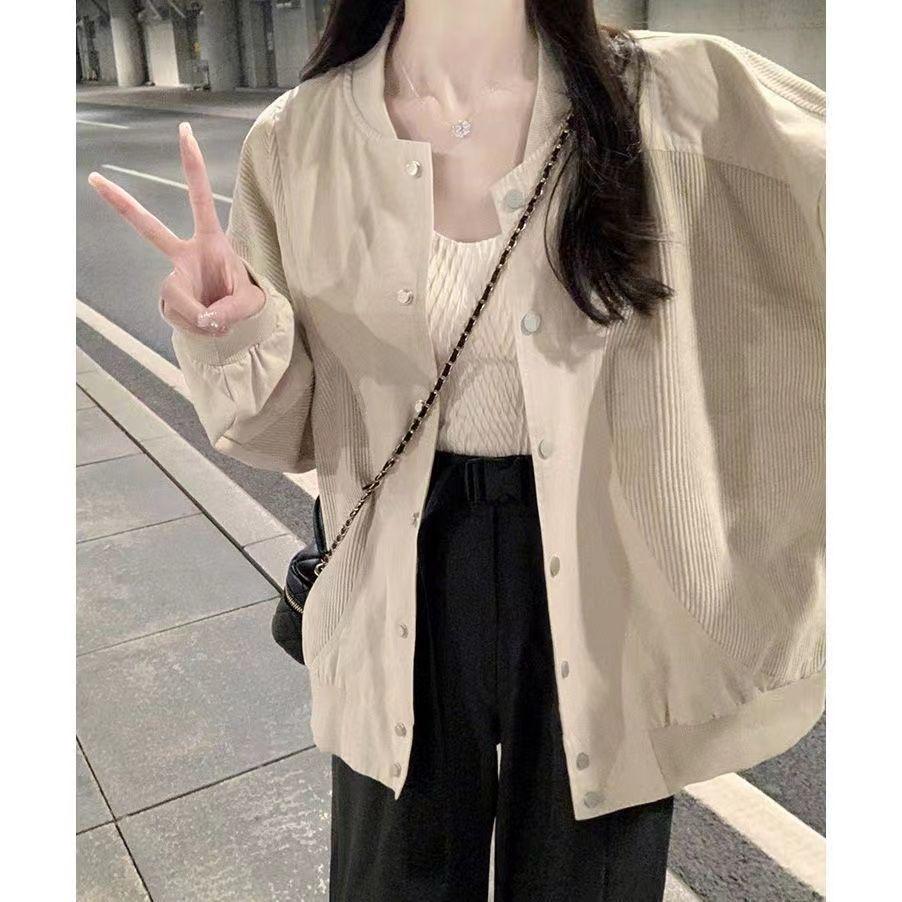 Women s Retro Patchwork Baseball Jacket - Spring & Autumn Versatile Style L абрикосовый