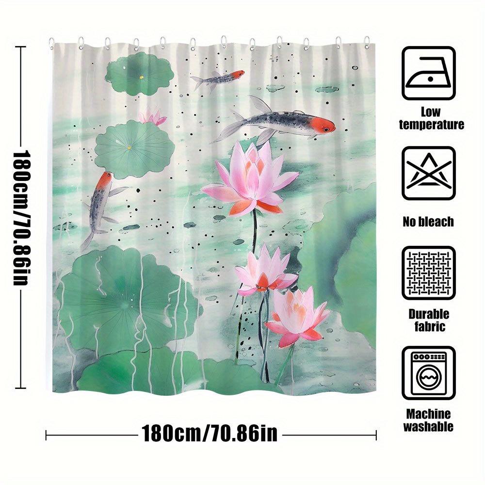 1Pc Koi Pond Shower Curtain - Serene Japanese Minimalist Digital Art With Orange Koi Fish, Pink Water Lilies & Green For Lotus