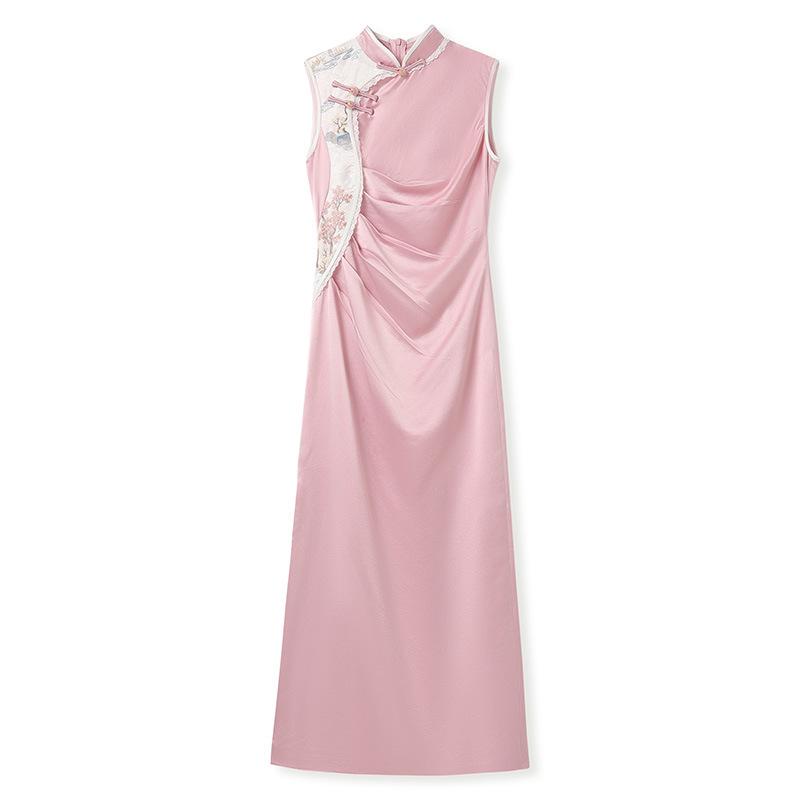 Elegant Summer Qipao Dress: Sexy Long Purple Pleated Cheongsam with Stand Collar  Embroidery - P0106 Large