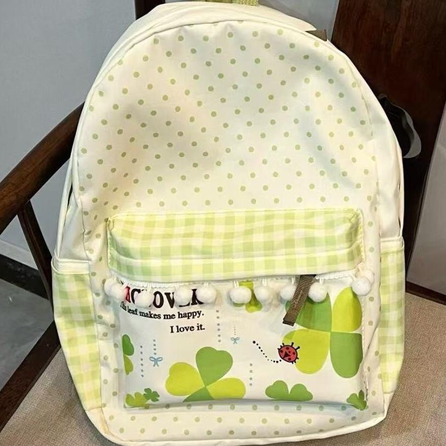 SchoolbagWTAII Sweet and cute four-leaf clover polka dot small pom-pom polka dot fresh green large capacity student backpack